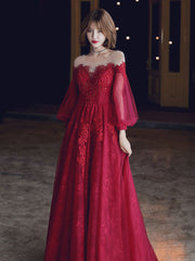 Burgundy A-Line Lace Long Prom Dresses, Burgundy Formal Evening Dresses