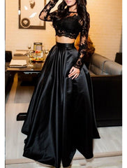 Two Piece Prom Dresses Black Dress Prom Formal Evening Sweep / Brush Train Long Sleeve Jewel Neck Wednesday Addams Family Satin with Pure Color