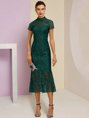 Aimishang  Sheath / Column Mother of the Bride Dress Wedding Guest Elegant High Neck Tea Length Lace Short Sleeve with Appliques