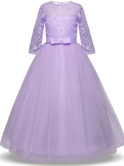 Half Sleeve Jewel Long Length Flower Girl Dress with Lace Tulle and Lace Belt Bow