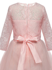 Half Sleeve Jewel Long Length Flower Girl Dress with Lace Tulle and Lace Belt Bow