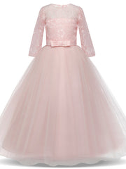 Half Sleeve Jewel Long Length Flower Girl Dress with Lace Tulle and Lace Belt Bow