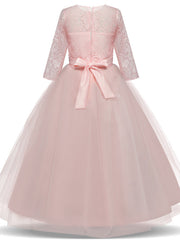 Half Sleeve Jewel Long Length Flower Girl Dress with Lace Tulle and Lace Belt Bow