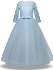 Half Sleeve Jewel Long Length Flower Girl Dress with Lace Tulle and Lace Belt Bow