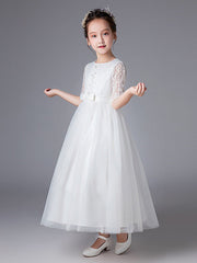 Half Sleeve Jewel Neck Flower Girl Dresses with Lace for Princesses