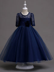 Half Sleeve Lace Jewel Neck Flower Girl Dresses with Satin Tulle Belt and Beading