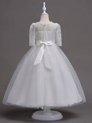 Half Sleeve Lace Jewel Neck Flower Girl Dresses with Satin Tulle Belt and Beading