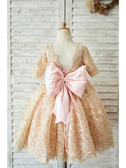 Half Sleeve Lace Neck Knee Length Jewel Ball Gown With Belt for Flower Girl Dress