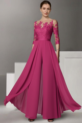 Half Sleeves Chiffon Mother of Bride Jumpsuit with Appliques