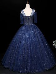 Half Sleeves Round Neck Navy Blue Beaded Long Prom Dresses, Shiny Beaded Navy Blue Formal Evening Dresses, Navy Blue Ball Gown