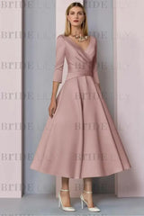 Half Sleeves Satin Wedding Guest Dress Ankle Length Mother of the Bride Dress