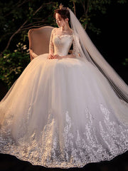 Half Sleeves Simple Wedding Dress White Jewel Neck Appliques Ball Gown
