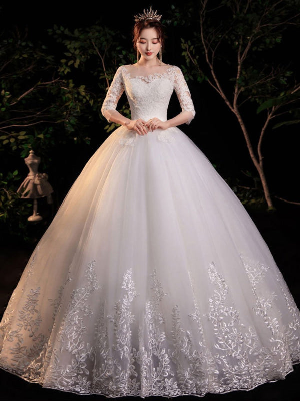 Half Sleeves Simple Wedding Dress White Jewel Neck Appliques Ball Gown
