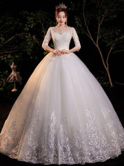 Half Sleeves Simple Wedding Dress White Jewel Neck Appliques Ball Gown