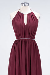 Halter Burgundy Bridesmaid Dress Long with Beadings