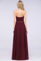 Halter Burgundy Bridesmaid Dress Long with Beadings