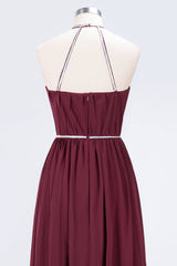 Halter Burgundy Bridesmaid Dress Long with Beadings
