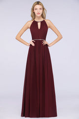 Halter Burgundy Bridesmaid Dress Long with Beadings