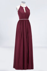 Halter Burgundy Bridesmaid Dress Long with Beadings