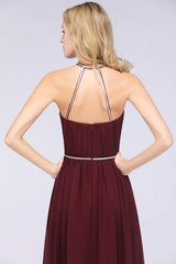 Halter Burgundy Bridesmaid Dress Long with Beadings
