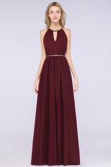 Halter Burgundy Bridesmaid Dress Long with Beadings
