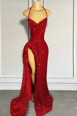 Vintage Red Sheath Prom Dress Sparkling Beaded Sequin Evening Gown High Slit Party Dress Long Formal Dress HZ1024