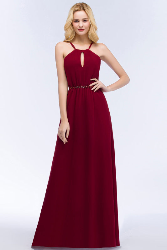 Halter Chiffon Burgundy A-line Wedding Guest Dress