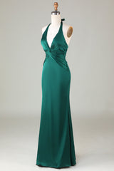 Halter Emerald Green Ruched Mermaid Bridesmaid Dress
