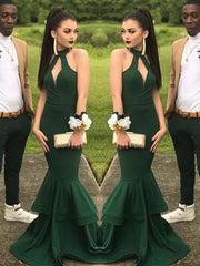 Halter Floor-Length Ruffles Mermaid Satin Prom Dresses