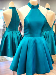 Couc licou en satin bleu robes de bal courtes, cou licou court