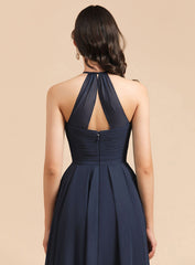 Halter Pleated Chiffon Bridesmaid Dress Aline Floor Length Wedding Guest Dress