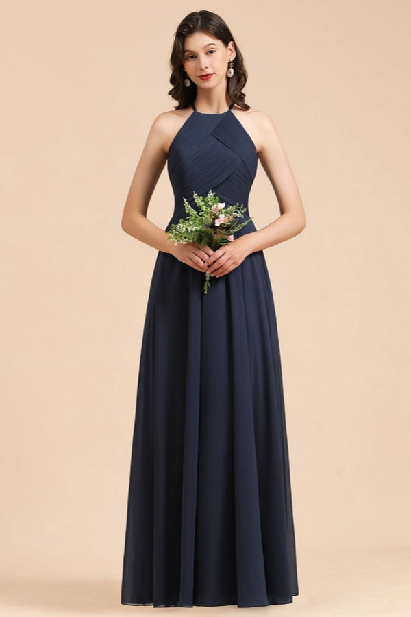 Halter Pleated Chiffon Bridesmaid Dress Aline Floor Length Wedding Guest Dress