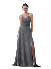 Halter Prom Dress with High Slit Sleeveless Pleated Glitter V-neck Party Dress with Pocket