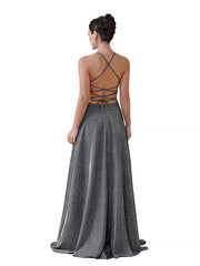 Halter Prom Dress with High Slit Sleeveless Pleated Glitter V-neck Party Dress with Pocket