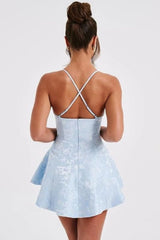 Halter Satin Mini Party Dress Ruffle Jacquard Homecoming Dress with Cross Straps