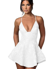 Halter Satin Mini Party Dress Ruffle Jacquard Homecoming Dress with Cross Straps