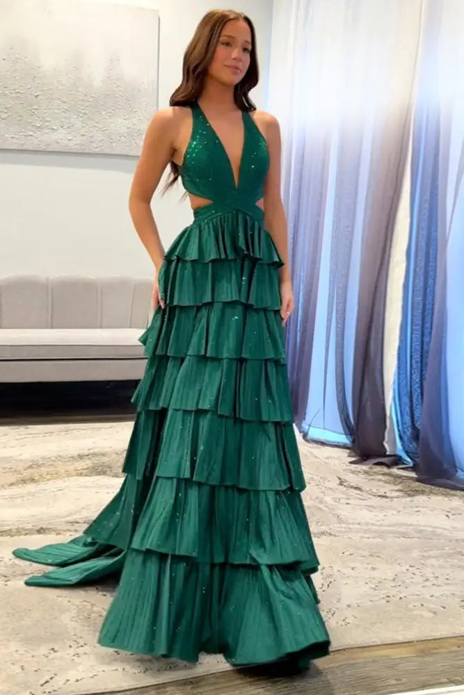 Halter Sequined Aline Prom Dress V-Neck Long Evening Dress with Split