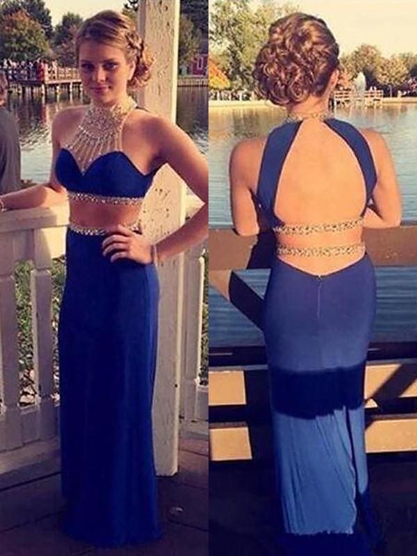 Halter Sleeveless With Beading Floor-Length Chiffon Two Piece Dresses