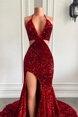 Halter Wine Red Sequins Mermaid Prom Dress With Split