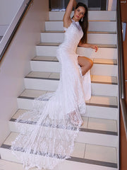 Lace Sleeveless Halter Sweep/Brush Train Wedding Dresses
