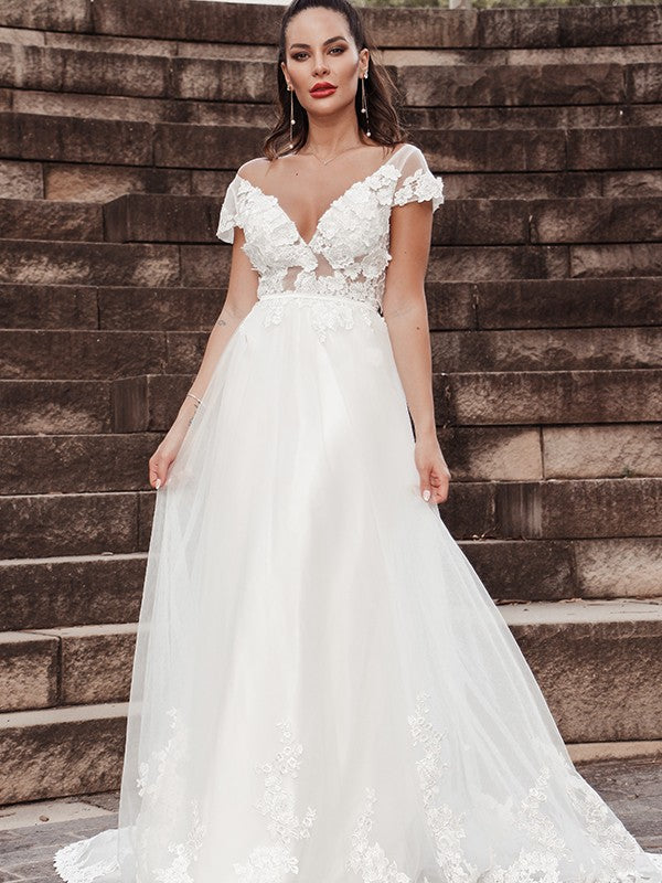Wholesale A-Line/Princess Sleeveless Applique V-neck Tulle Sweep/Brush Train Wedding Dresses