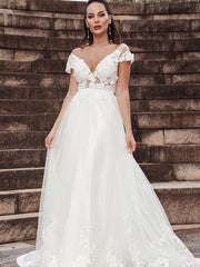 Wholesale A-Line/Princess Sleeveless Applique V-neck Tulle Sweep/Brush Train Wedding Dresses