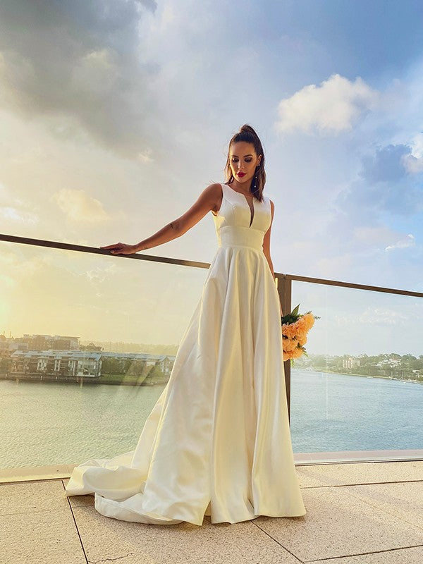 Wholesale A-Line/Princess Satin Ruffles Scoop Sleeveless Sweep/Brush Train Wedding Dresses
