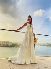 Wholesale A-Line/Princess Satin Ruffles Scoop Sleeveless Sweep/Brush Train Wedding Dresses