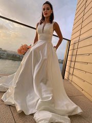 Wholesale A-Line/Princess Satin Ruffles Scoop Sleeveless Sweep/Brush Train Wedding Dresses