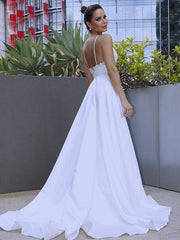 Wholesale A-Line/Princess V-neck Satin Applique Sleeveless Sweep/Brush Train Wedding Dresses
