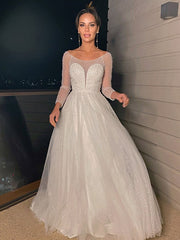Wholesale A-Line/Princess Beading Scoop Tulle Long Sleeves Sweep/Brush Train Wedding Dresses