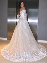 Wholesale A-Line/Princess Lace Applique Off-the-Shoulder Long Sleeves Sweep/Brush Train Wedding Dresses