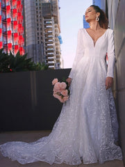 Wholesale A-Line/Princess V-neck Long Sleeves Lace Applique Sweep/Brush Train Wedding Dresses