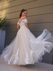 Wholesale A-Line/Princess Tulle Off-the-Shoulder Short Sleeves Applique Floor-Length Wedding Dresses